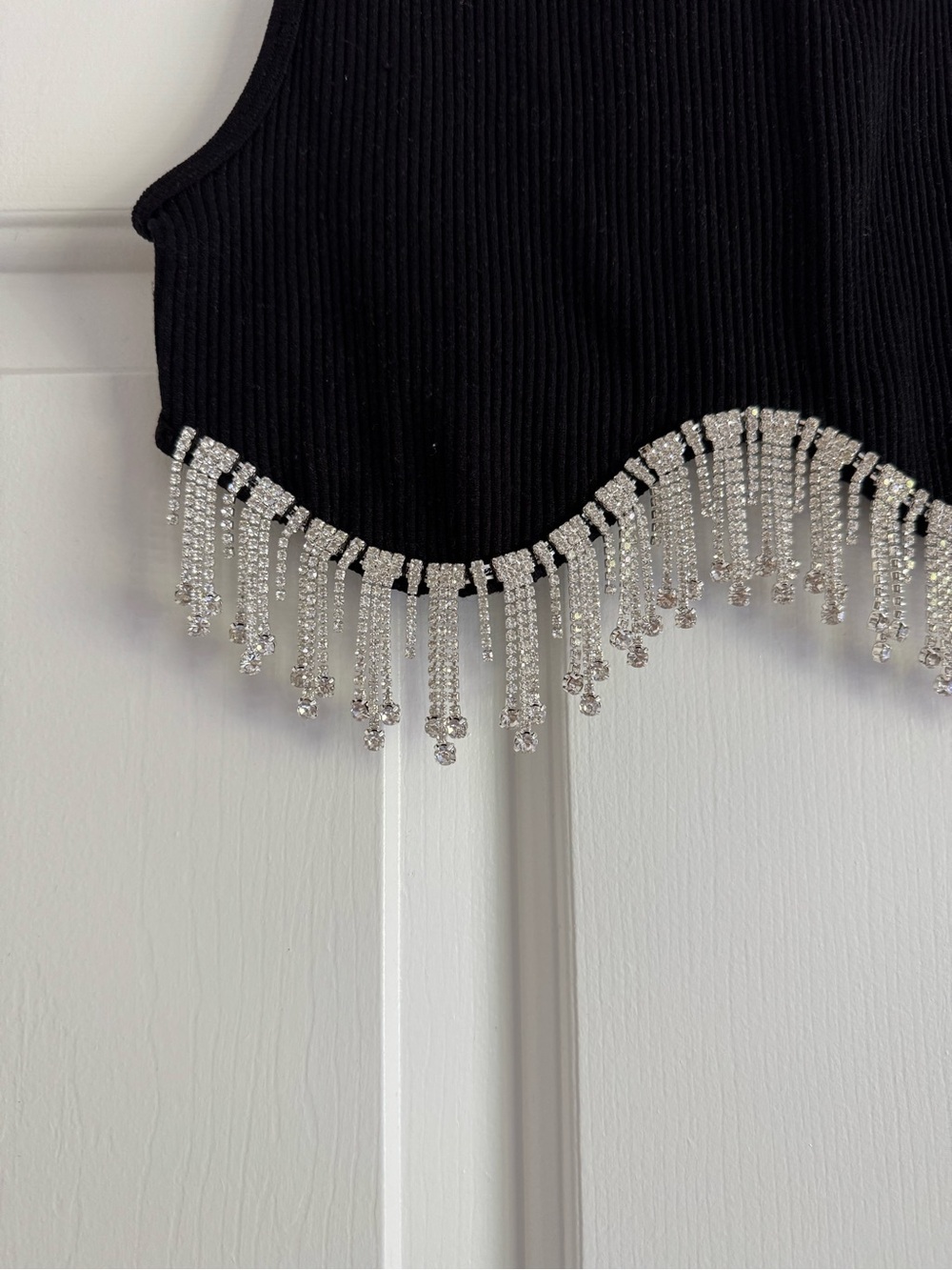 Zara Black Ribbed Crop Top with Silver Beaded Fringe Trim - Picture 5 of 7